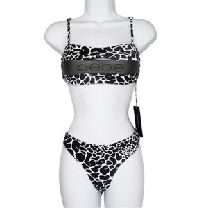 BEBE Leopard Silver Lurex Rhinestone Bikini Large NWT